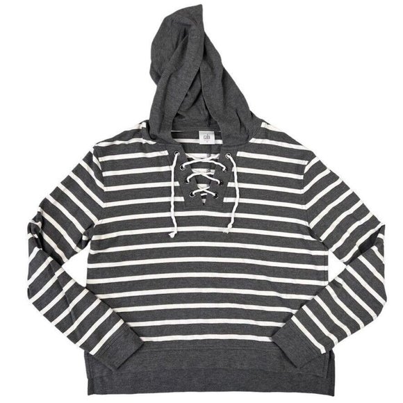 CAbi Womens #5324 Windward Hoodie Top Size Small Gray White Striped Lace Up Neck - Picture 1 of 9